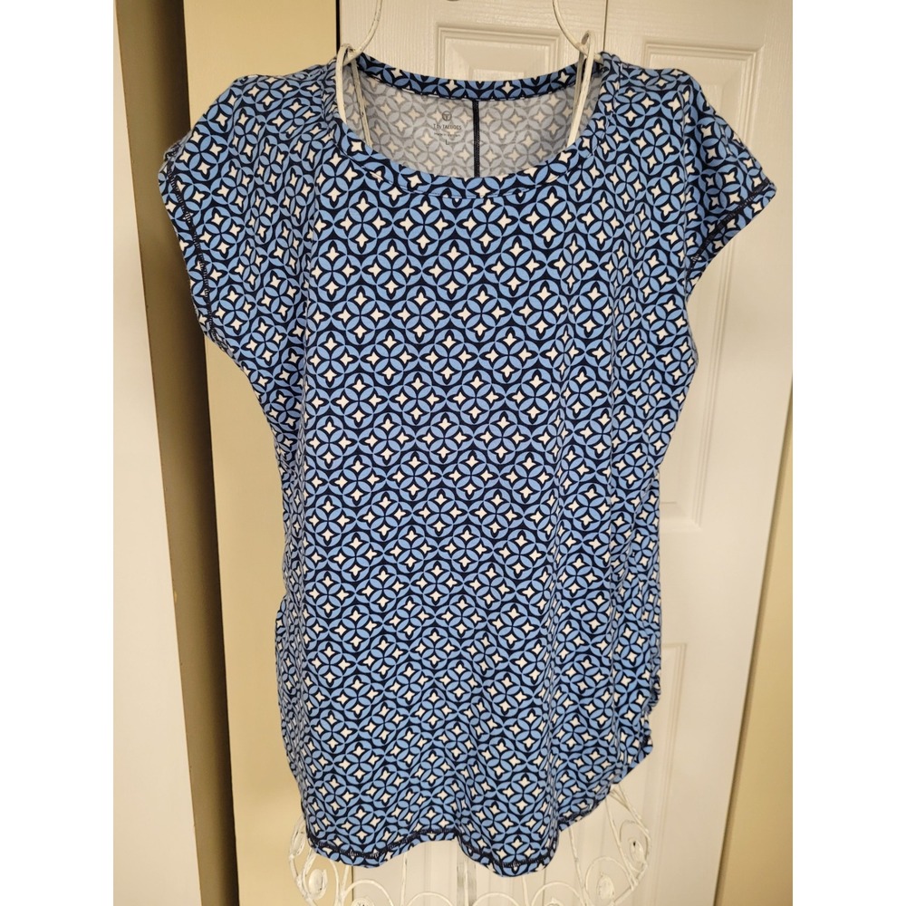 Talbots Women Blue White Geometric Tile Stretch Cap Sleeve Activewear Top Size L